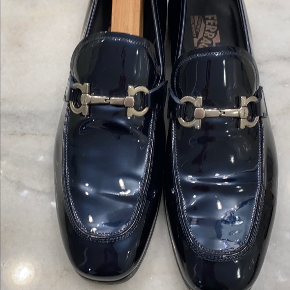 Ferragamo patent leather blue shoes